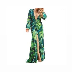 Tropical Print Long slit Green Dress